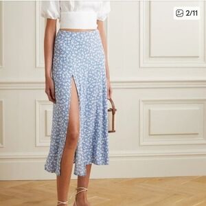 Reformation Light Blue & White Floral Midi Skirt with Front Slit